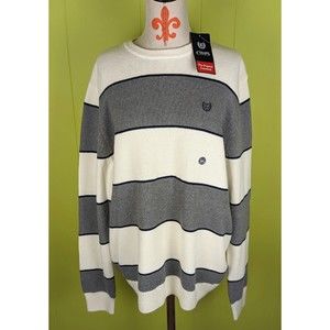 NWT Chaps The Original Crewneck Men XL Sweater Pullover Gray Cream Stripe Cotton